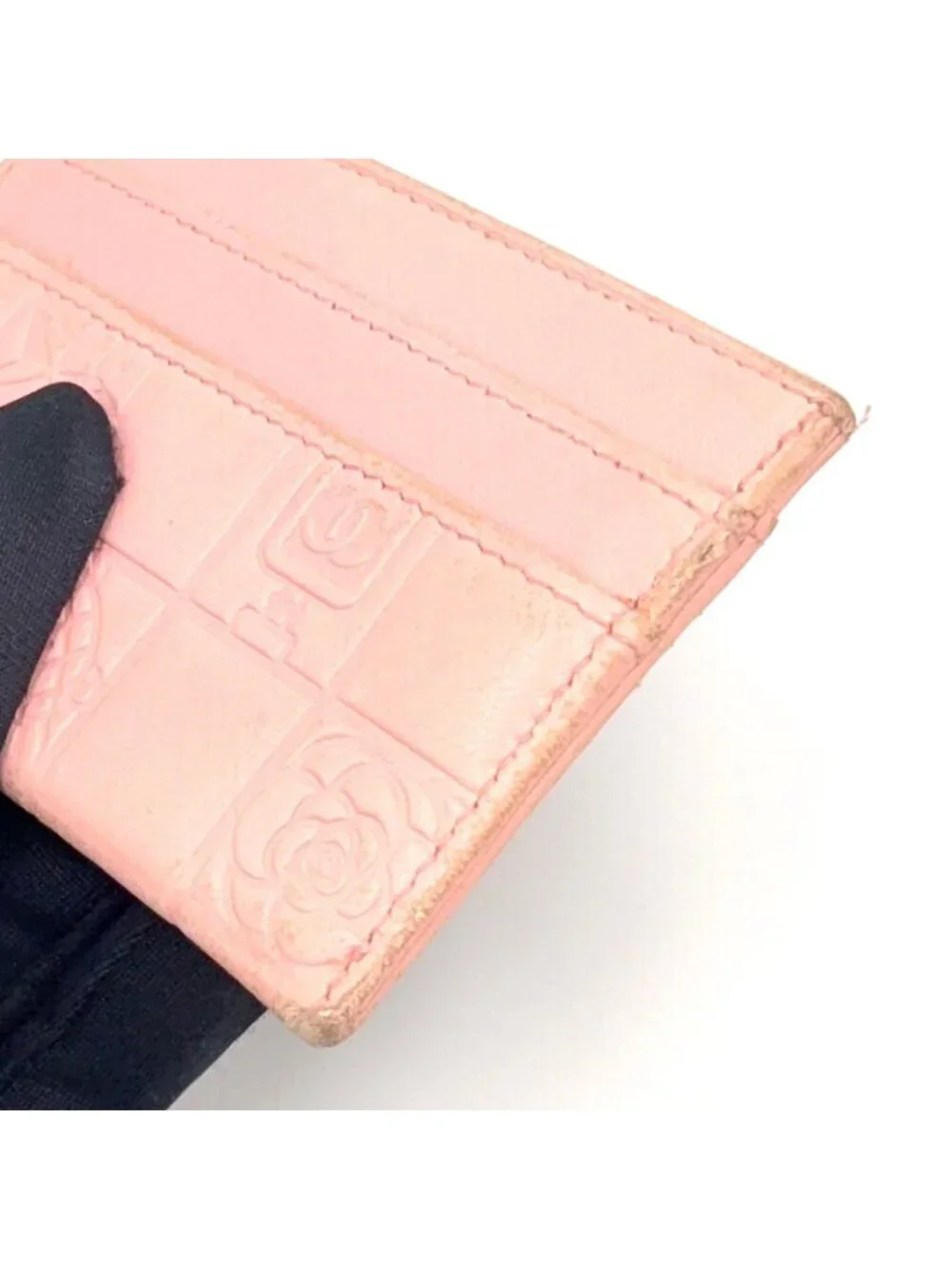 Chanel CC Logo Icon Line Leather Light Pink Card Case Silver
